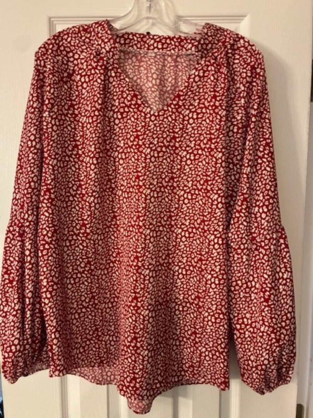 Women's Red White Floral Long Sleeve Balloon Poet Feminine Top Blouse Size XL